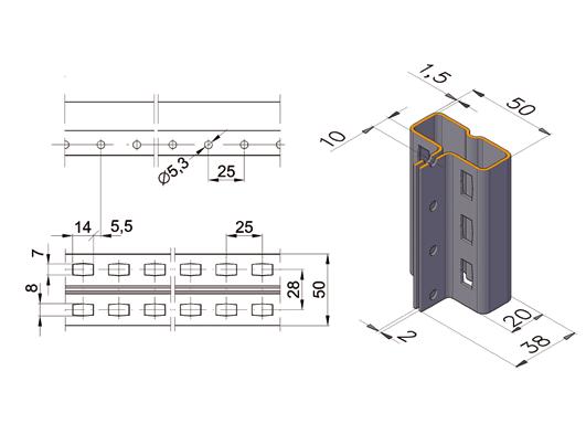 KSZTAŁTOWNIK PERFOROWANY SŁUP I PERFORATED SECTION PILLAR I Masa Mass [kg/m] Długość [m] 1,77 4-8 Gatunki stali Stal węglowa gorącowalcowana lub zimnowalcowana, czarna lub ocynkowana.