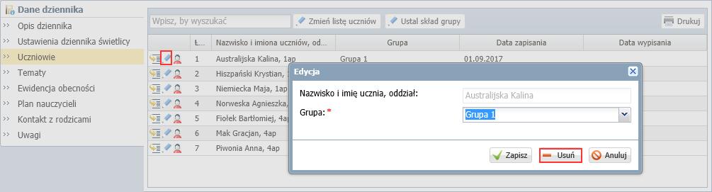 W oknie, które się wyświetli, kliknij Uczeń zostanie usunięty ze składu grupy, ale nie zostanie usunięty z dziennika świetlicy.