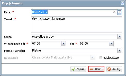 UONET+. Prowadzenie dziennika świetlicy 16/28 Wprowadzony wpis możesz edytować za pomocą ikony. Aby usunąć wpis, edytuj go i w oknie Edycja tematu kliknj przycisk Usuń.