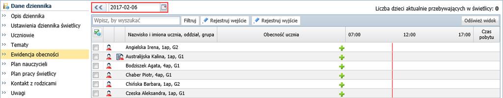 UONET+. Prowadzenie dziennika świetlicy 17/28 Aby wyświetlić tabelę na inny dzień, należy skorzystać z datownika znajdującego się nad tabelą.