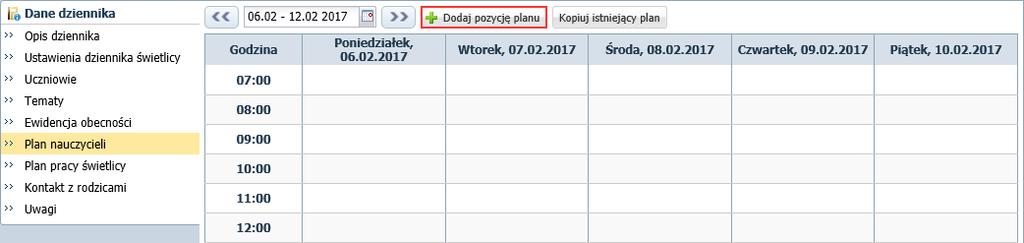 W dzienniku świetlicy przejdź na stronę Plan nauczycieli. 2.