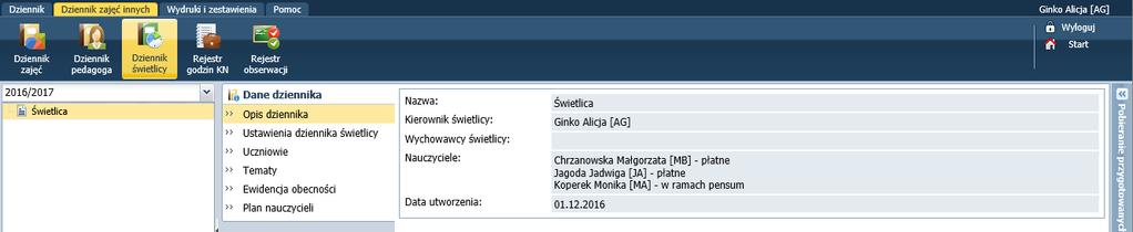 Przejdź do widoku Dziennik zajęć innych/ Dziennik świetlicy. 3. W drzewie danych wybierz gałąź dziennika świetlicy i zapoznaj się z opisem dziennika.