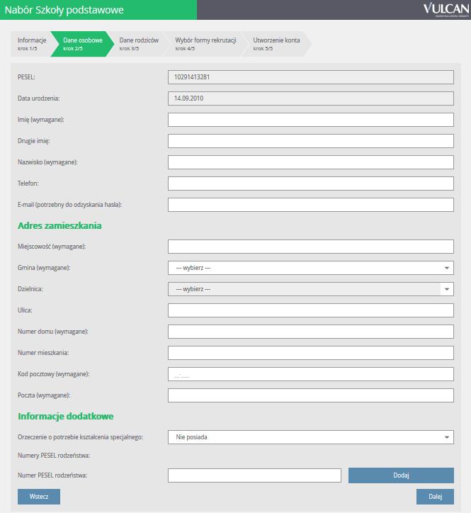 Po uzupełnieniu danych kandydata należy podać dane rodziców/opiekunów.