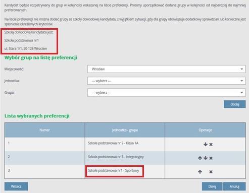 Na liście preferencji nie można dodać grupy ze szkoły obwodowej kandydata, z