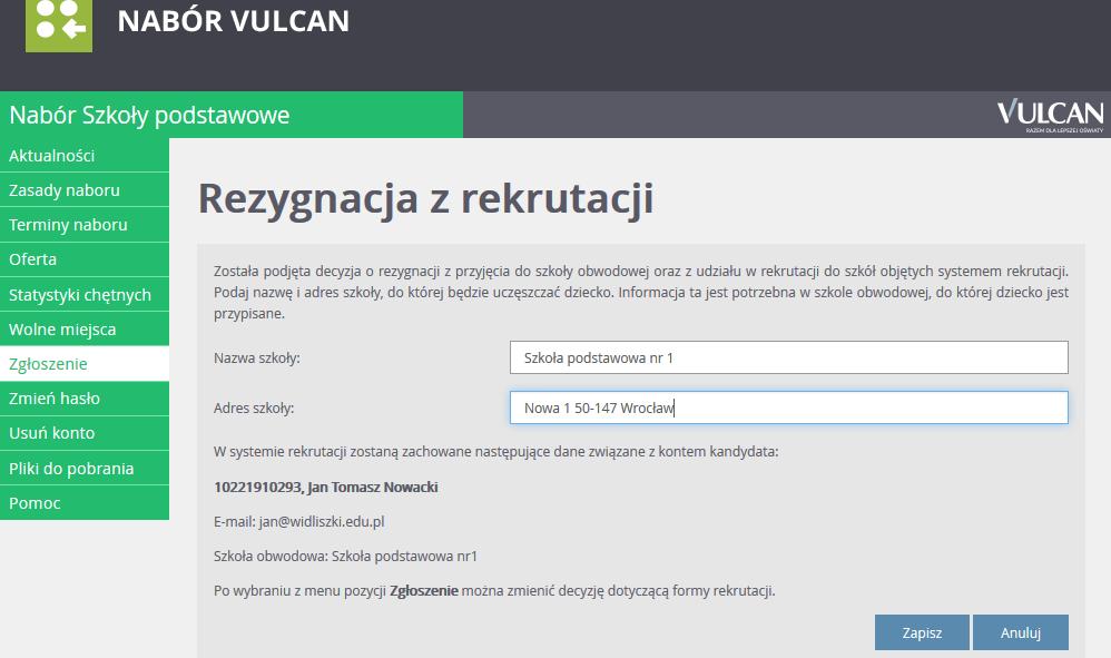 Decyzja o rezygnacji z udziału w rekrutacji elektronicznej W przypadku rezygnacji z miejsca w szkole obwodowej oraz z udziału w rekrutacji do szkół spoza obwodu, należy kliknąć