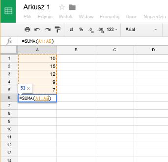 Funkcje Funkcje w arkuszu to wyrażenie, np. =suma(a1:a5) jest równoznaczna formule=a1+a2+a3+a4+a5 Przykłady =SUMA(A1:A3;B1:B10) sumuje wartości w komórkach od A1 do A3 oraz od B1 do B10.