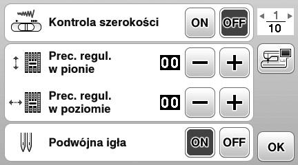 Nwleknie górnej nii g Przewlez górną nić z prwej strony w tki sm sposó jk przez uho lewej igły. Niśnij przyisk k, y wyświetlić ekrn ustwień. Ustw opję Podwójn igł n ON.