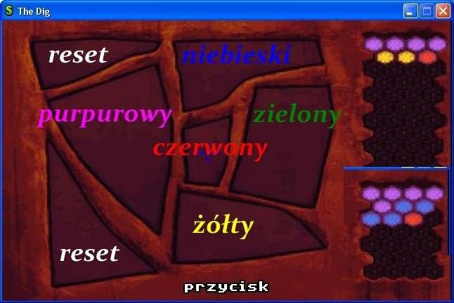 Podchodzimy do panelu na środku. Musimy ustawić kolorowe kropki po prawej w takiej kolejności: 1. Cztery fioletowe 2. Dwie żółte 3.