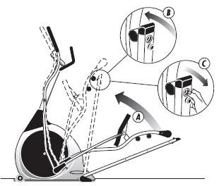 3) By rozłożyć urządzenie naciśnij przycisk znajdujący się od spodu podstawy (C). Następnie opuść jednocześnie ramię pedała wraz z podstawą.