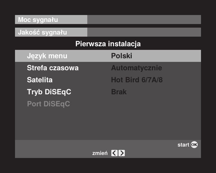 Pierwsza instalacja Drogi użytkowniku. Dziękujemy za zakup naszego dekodera! Po włożeniu baterii do pilota i włączeniu dekodera możesz zobaczyć ekran pierwszej instalacji.
