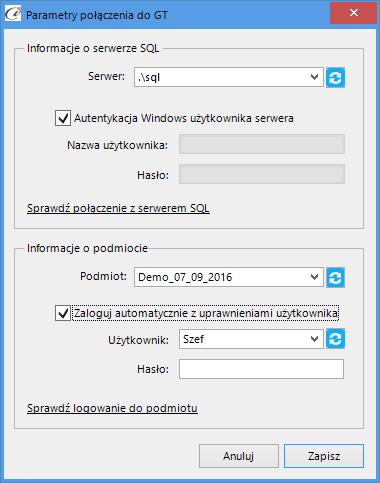 (rys. 7) Parametry połączenia do GT W zależności od konfiguracji serwera SQL możemy do zrealizowania połączenia