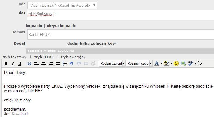 My utworzyliśmy pomocnicze konto dla potrzeb tego materiału na wp.pl pod nazwą karad_lip@wp.pl. Tam klikamy przycisk Napisz. Rysunek 17.