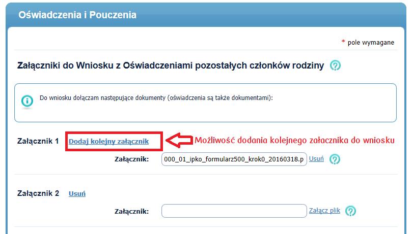 Sekcja Załączniki do Wniosku Ważne ograniczenia dotyczące załączników do Wniosku Rodzina 500+: Nazwy plików nie mogą zawierać polskich znaków ą, ć, ę, ł, ń, ó, ś, ź, ż, białych znaków i znaków