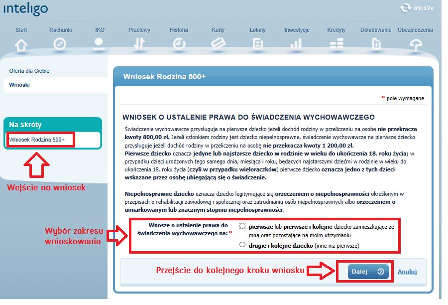 Wnioskujący wybiera zakres wniosku spośród dwóch opcji, które są z domysłu puste: Wnoszę o ustalenie prawa do świadczenia wychowawczego na <pierwsze lub pierwsze i kolejne