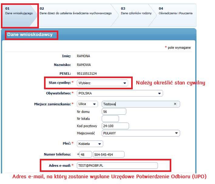 Krok I: Dane wnioskującego W pierwszym kroku Wnioskujący sprawdza dane, które zostały uzupłnione automatycznie, na podstawie danych podanych w Inteligo i, w razie potrzeby, aktualizuje je.