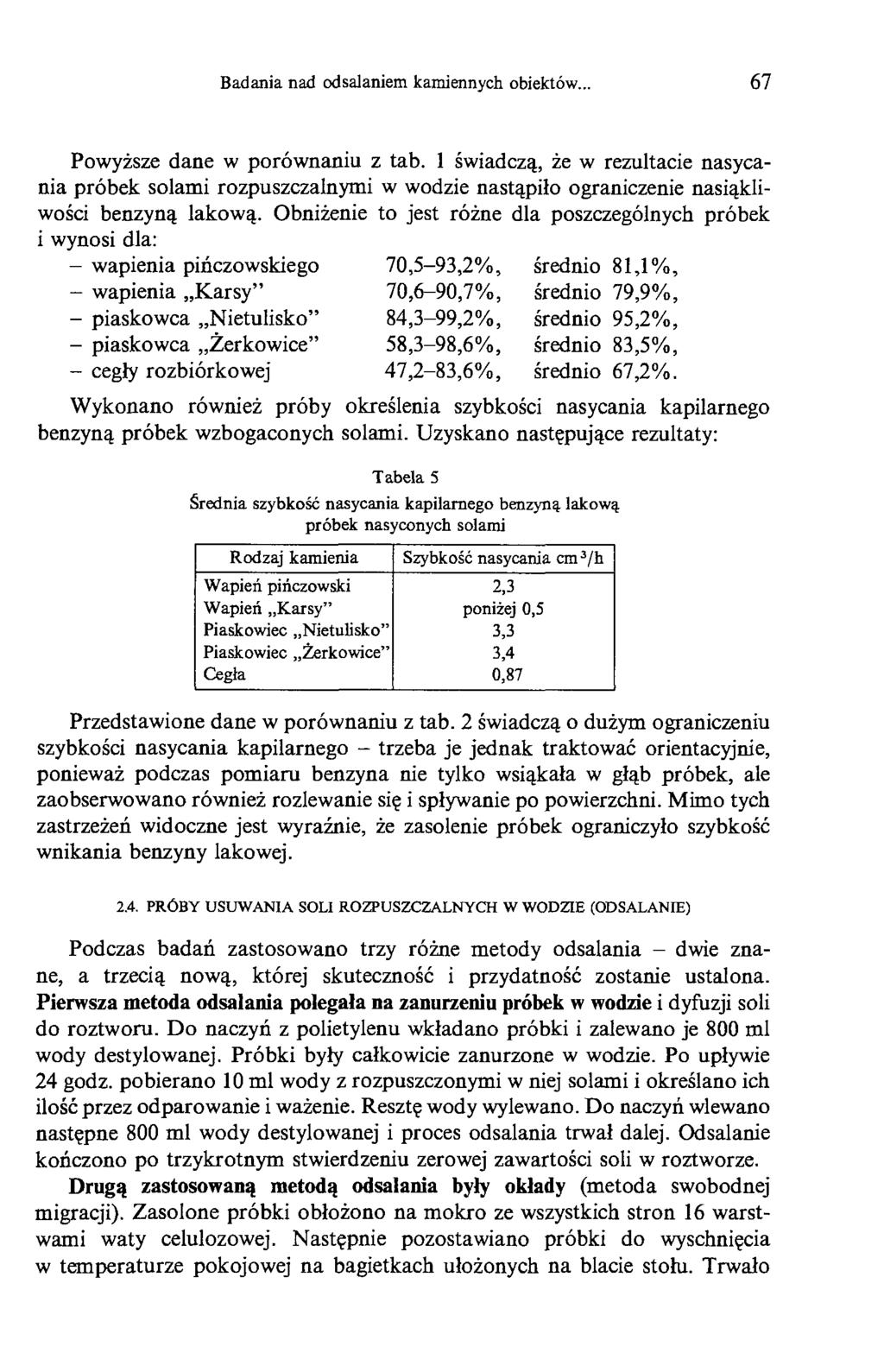 Badania nad odsalaniem kamiennych obiektów... 67 Powyższe dane w porównaniu z tab.