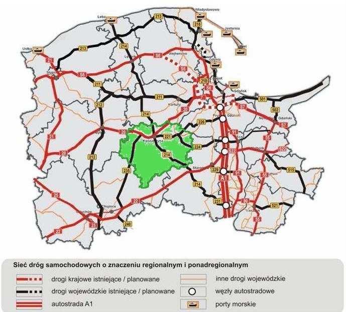 Rysunek 3. PołoŜenie Powiatu Kościerskiego na tle sieci drogowej województwa Pomorskiego Źródło: opracowanie własne na podstawie Planu Zagospodarowania Przestrzennego Województwa Pomorskiego 1.13.
