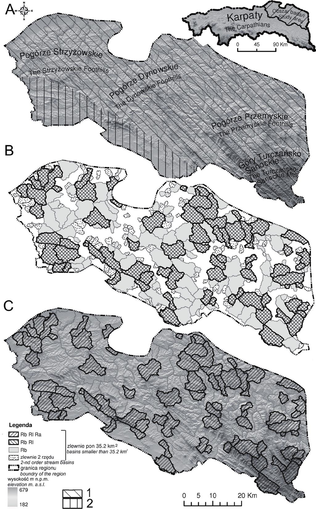 42 Tomasz Bryndal Ryc. 1. Fig. 1. Teren badań. Regiony fizycznogeograficzne (A), wyniki analizy hortonowskiej (B), zlewnie spełniające prawa Hortona i Schumma na tle rzeźby terenu (C).