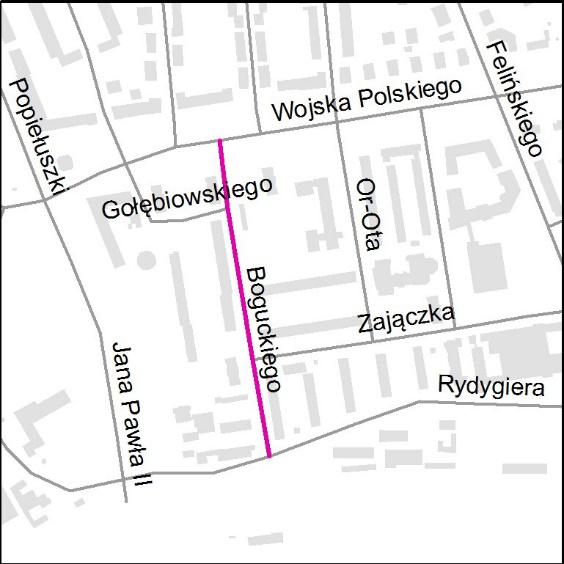 2.3.3 Boguckiego Odcinek Wojska Polskiego Rydygiera Uzasadnienie Skutki funkcjonalne i przestrzenne Uwagi Pozostałe wytyczne do projektów organizacji ruchu Droga klasy lokalnej, dwukierunkowa,