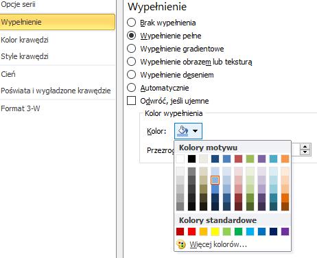 [24/38] WORD Rysunek 51. Okno formatowanie serii danych W lewej części okna zaznaczamy Wypełnienie. Tu mamy dużo różnych możliwości.