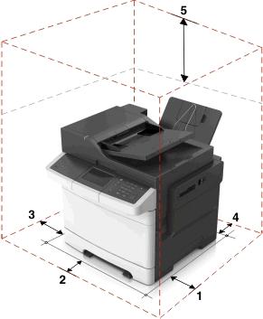 Informacje na temat drukarki 11 Aby zapewnić odpowiednią wentylację, należy pozostawić następującą zalecaną ilość wolnego miejsca wokół drukarki: 1 Prawa strona 304,8 mm (12 cali) 2 Przód 508 mm (20