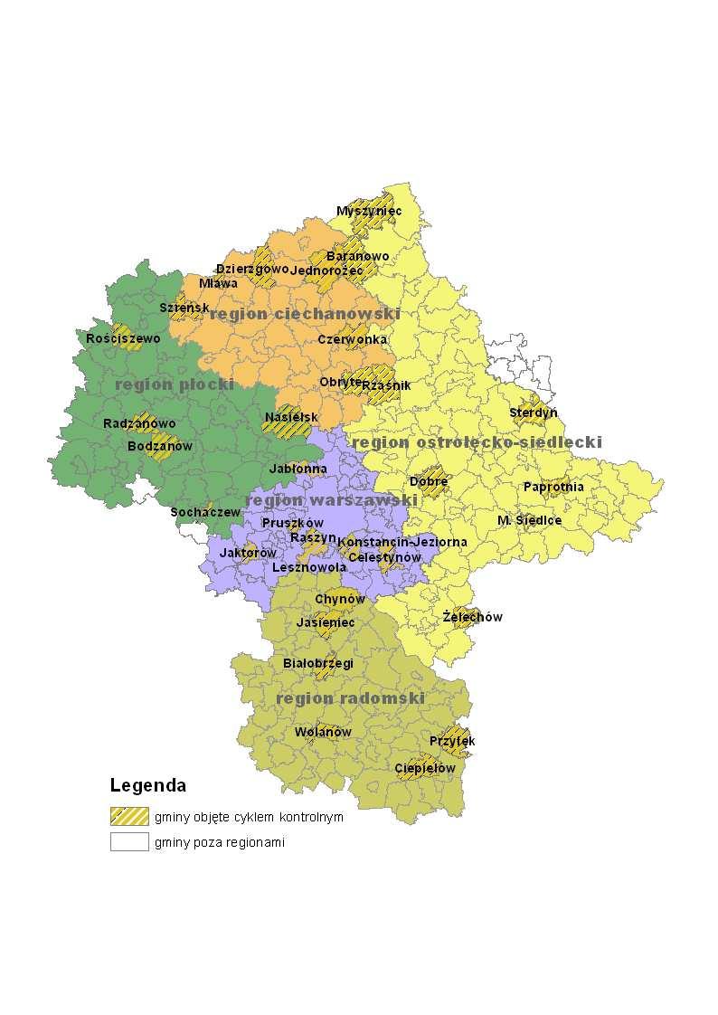 GMINY OBJĘTE CYKLEM KONTROLNYM Cyklem kontrolnym objęto 32 gminy: 5 w regionie ciechanowskim 9 w regionie ostrołęcko- siedleckim 5 w regionie
