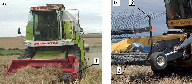 Rys. 2. Zbiór rzepaku z pokosów z wykorzystaniem przenośników aktywnych: a) listwowego, b) prętowego; 1 listwy, 2 pręty, 3 osłony prętowe (www.canola-council.ca) Fig. 2. Windrow rape harvesting with active conveyors: a) with slats, b) with rods; 1 - slats, 2 - rods, 3 - rod protections (www.