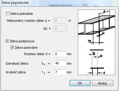 Nr przęsła [-] Gatunek stali [-] Parametry zwichrzenia Żebra poprzeczne Ugięcie graniczne Uzgodnij parametry [-] [-] [-] [-] 405.3.6.