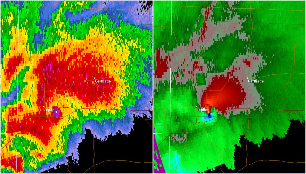 radarowych sygnaturę TDS. Taka sytuacja w szczególności będzie mieć miejsce, gdy tornado będzie mocno oddalone od radaru. Ryc. 46. Obraz superkomórki burzowej w rejonie Joplin 22 maja 2011 r.