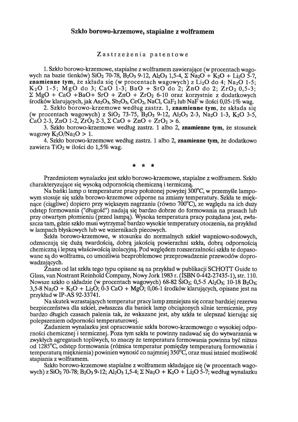 Szkło borowo-krzemowe, stapialne z wolframem Zastrzeżenia patentowe 1.