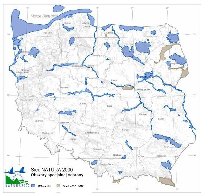 Rys. 10 Gmina Łochów na tle sieci obszarów specjalnej ochrony NATURA 2000 w Polsce Na terenie gminy Łochów wyznaczono dwa obszary OSO Natura 2000 obejmujące dolinę dolnego Bugu (PLB140001) i dolinę