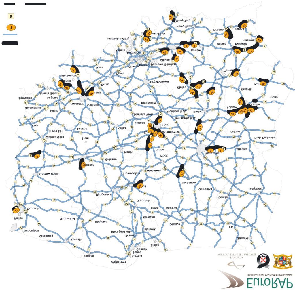 sach ryzyka. Natomiast na rysunku 2 przedstawiono mapę ogólną ryzyka indywidualnego na drogach krajowych (poza miastami, powiatami grodzkimi) w Polsce.