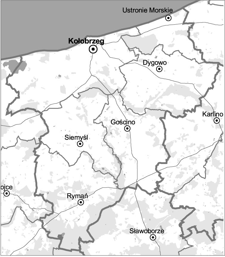 Powiat kołobrzeski obejmuje swoim zasięgiem gminy: Kołobrzeg, Dygowo, Gościno, Rymań, Siemyśl i Ustronie Morskie.