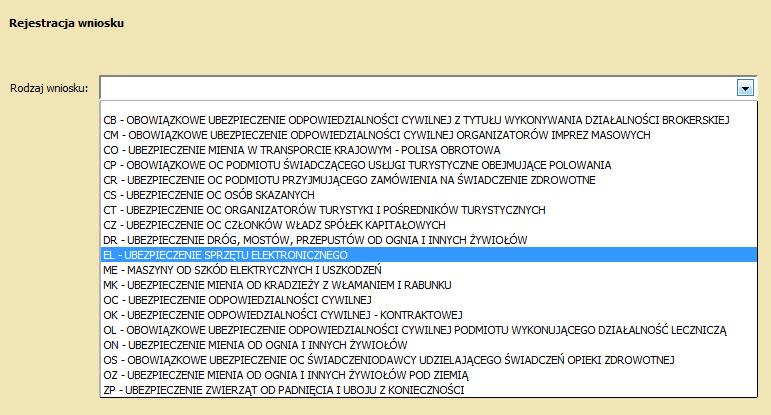 REJESTROWANIE WNIOSKU Po wybraniu przycisku REJESTRUJ na ekranie powinno pojawić się białe pole z listą rozwijaną, a której