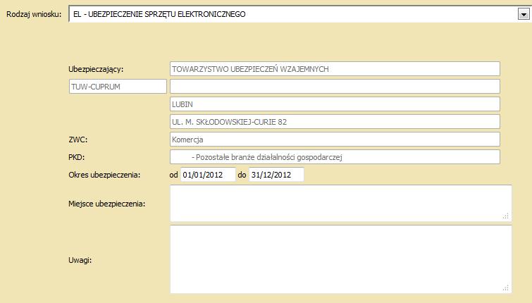 REJESTROWANIE WNIOSKU Po wyborze rodzaju ubezpieczenia na ekranie powinny pojawić się informacje na temat Ubezpieczającego (nazwa, adres, przynależność do związku wzajemności członkowskiej oraz
