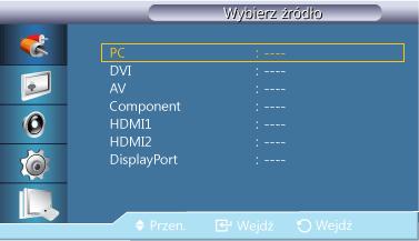 Dost. wyśw. LCD Wejście Dostępne tryby PC / DVI / DisplayPort AV Component HDMI MagicInfo Wybierz źródło MagicInfo można włączyć wyłącznie po podłączeniu modemu sieciowego(sprzedawanego oddzielnie).