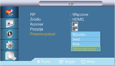 Dost. wyśw. LCD HDMI : PC DisplayPort : PC Rozmiar Tryb HDMI2 jest nieaktywny, jeżeli podłączono modem sieciowy. Zmiana rozmiaru (Size) okienek funkcji PIP.
