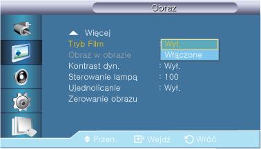 Nisk. Tryb Film Opcja dostępna tylko w trybie HDMI. Tryb Film kalibruje nienaturalne obrazy, które mogą wystąpić w filmie (wyświetlanym w 24 klatkach).