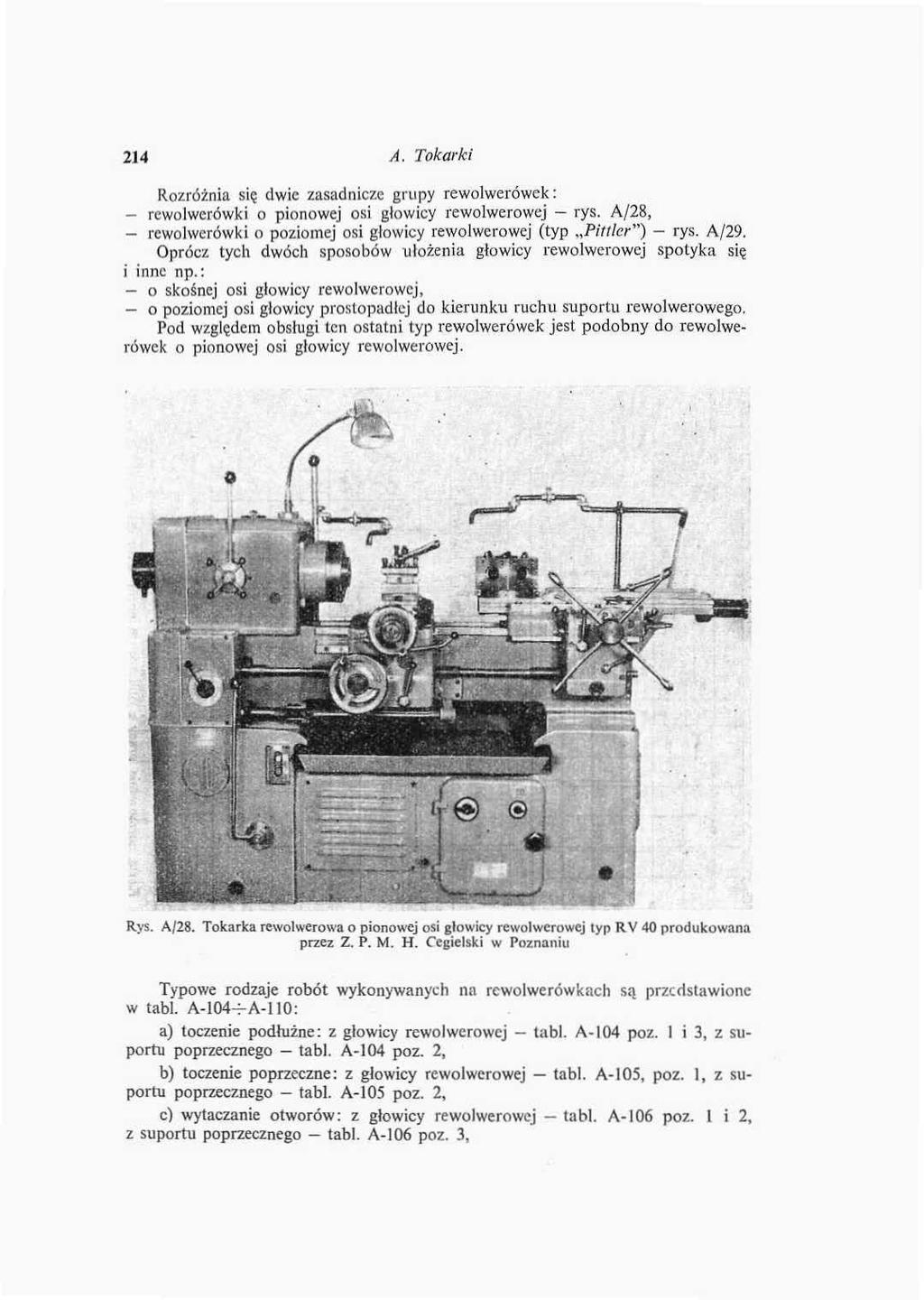 214 A. Tokarki Rozróżnia się dwie zasadnicze grupy rewolwe rowek: - rewolwerówki o pionowej osi głowicy rewolwerowej - rys.