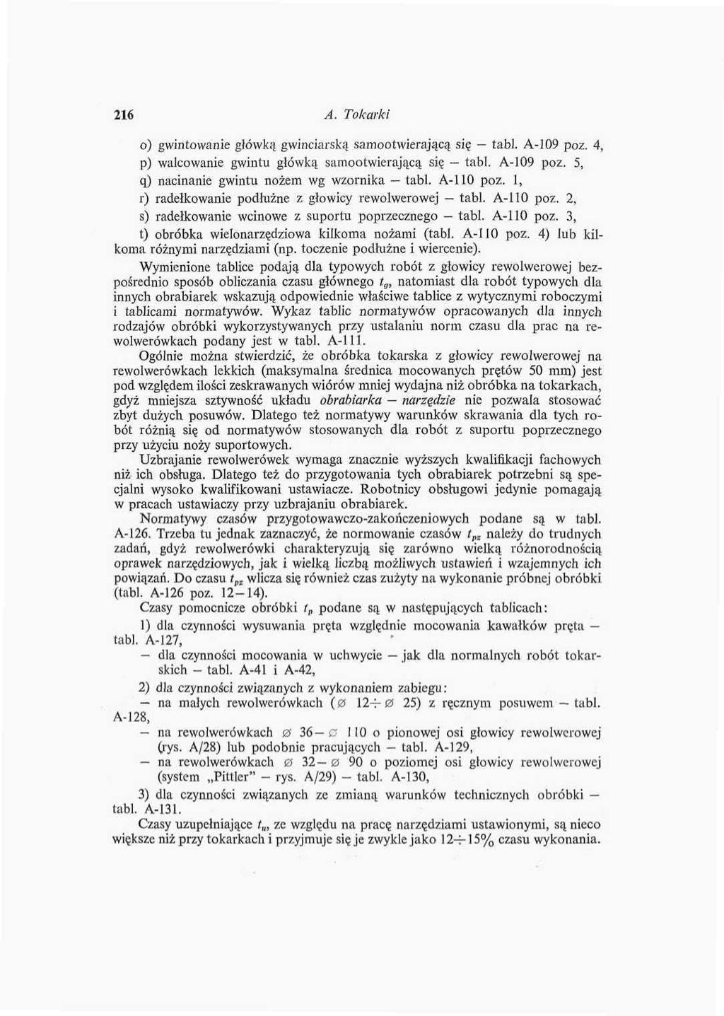 216 A. Tokarki 6) gwintowanie główką gwinciarski! samootwierającą się -~ tab). A-109 poz. 4, p) walcowanie gwintu gfówką samootwierającą się tabl. A-109 poz. 5, q) nacinanie gwintu nożem wg wzornika tabl.