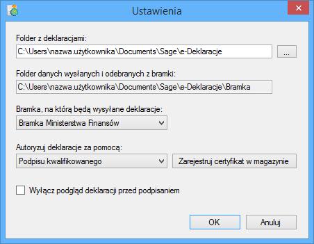 W oknie Ustawienia określa się tylko główny katalog (root), w którym zostaną zapisane wszystkie e-deklaracje dla danej instalacji.