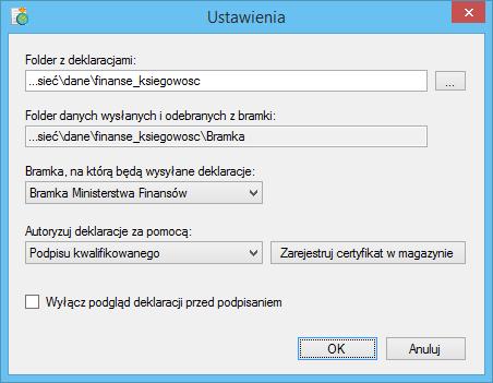 Na stanowisku pracy Głównej Księgowej uruchamiamy program e-deklaracje i wybieramy Ustawienia, aby wprowadzić wybraną lokalizację np.: Rys.