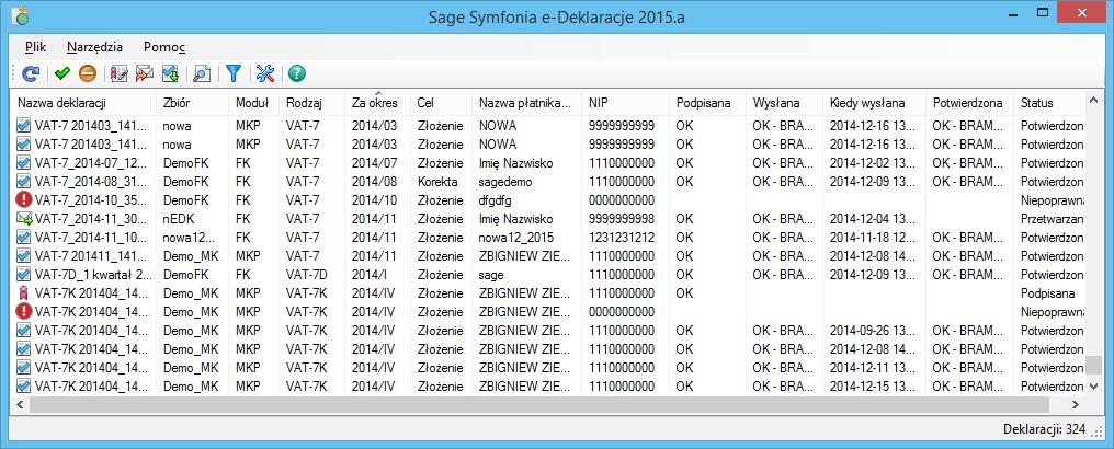 Rys. 19 Okno programu e-deklaracje z listą e-deklaracji. W poszczególnych kolumnach są wyświetlane dane identyfikujące deklarację: Nazwa deklaracji Nazwa identyfikująca deklaracje w programie.