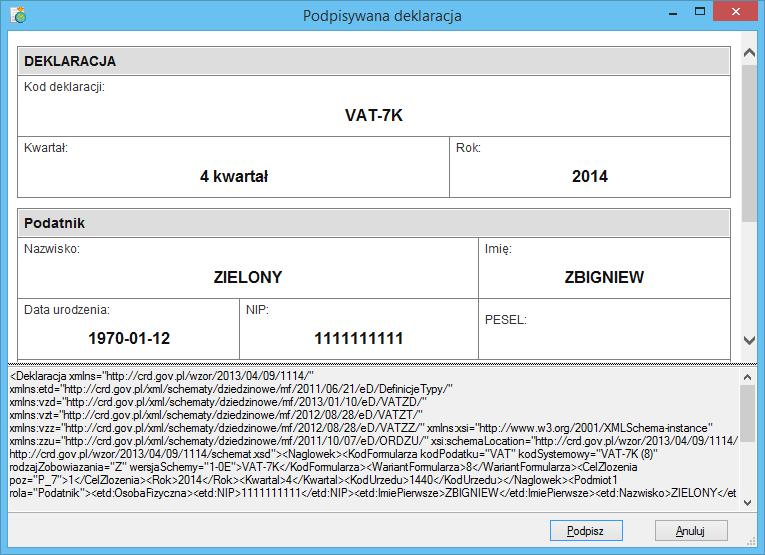Rys. 22 Podgląd e-deklaracji przed podpisaniem. Aby podpisać deklaracje należy użyć przycisku Podpisz.