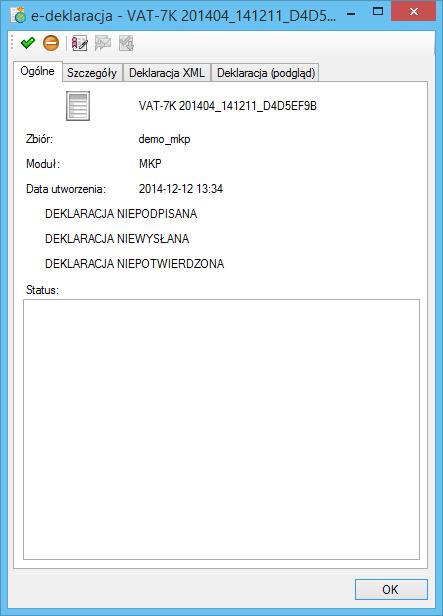 Okno informacji o stanie e-deklaracji pozwala przeprowadzić wszystkie opisane wcześniej operacje związane z przesyłaniem deklaracji elektronicznej, a dodatkowo umożliwia obejrzenie szczegółowych