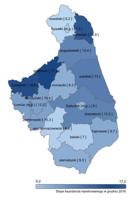 Stopa bezrobocia w województwie podlaskim, stan na 31.12.2016r.