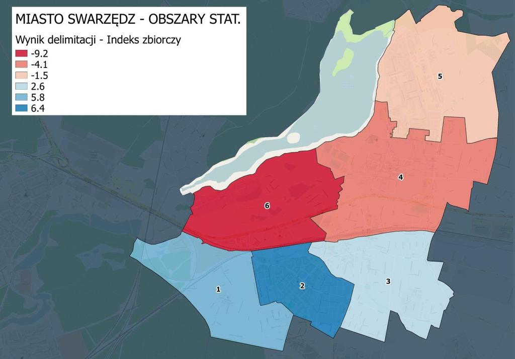 Wynik delimitacji obszarów zdegradowanych Przeprowadzona analiza wskaźnikowa pozwoliła na sporządzenie indeksu zbiorczego, który pozwolił na wskazanie obszarów o relatywnie najwyższym poziomie