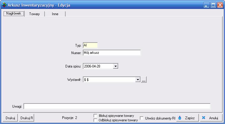 Dostęp do dokumentów inwentaryzacyjnych z menu Dokumenty w module MenadŜer: Okna arkusza inwentaryzacyjnego zostały przedstawione poniŝej: Na pierwszej zakładce Nagłówek naleŝy wpisać Numer arkusza