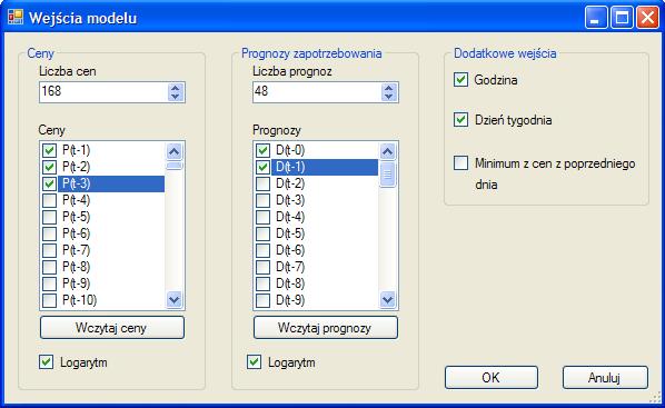 Sztuczna inteligencja kontra modele statystyczne 42 Rys. A.4. Okno Wejścia modelu Aplikacja umoŝliwia określenie nie tylko wejść modelu, ale równieŝ jego parametrów.