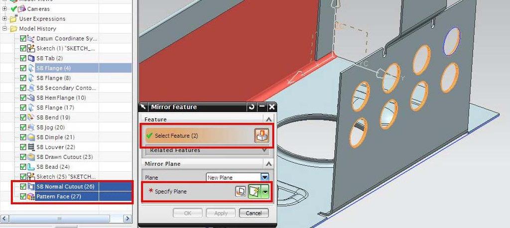 Wybrać z drzewa historii tworzenia części te elementy, które chcemy odbić, a więc SB Normal Cutout (26) oraz Pattern Face (27), czyli otwór oraz